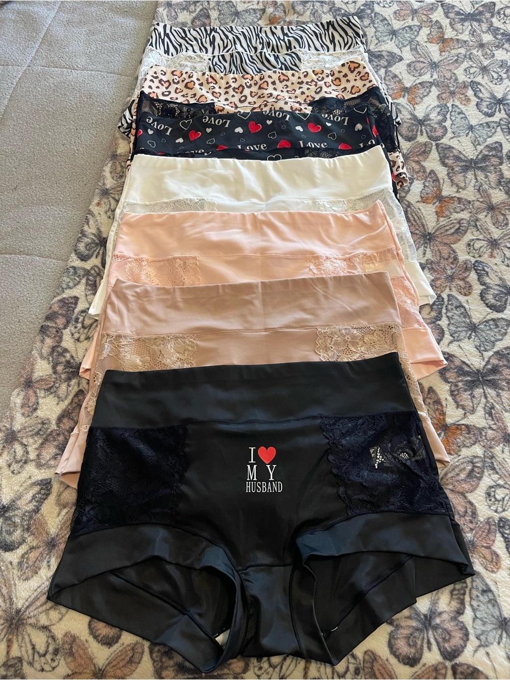 Set of 7 Women’s Satin Lace Boyshorts Panties - Black, Cream, Pink Assorted